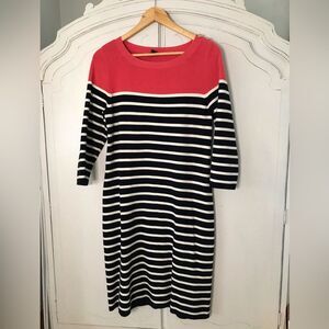 Talbots Size LP Coral Red Stripe Stretchy Cotton Midi Dress Nautical Tropical